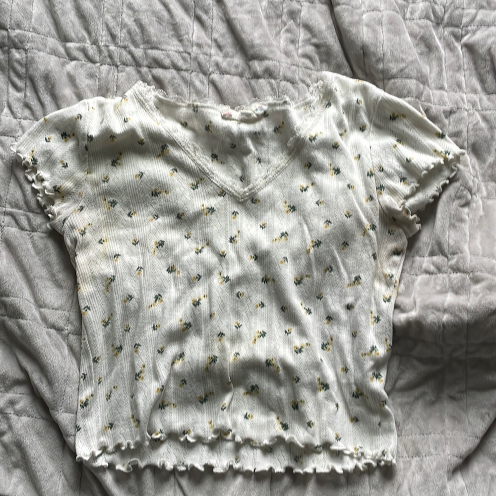 Pink Rose baby tee with yellow floral print. Fits size XS-S.